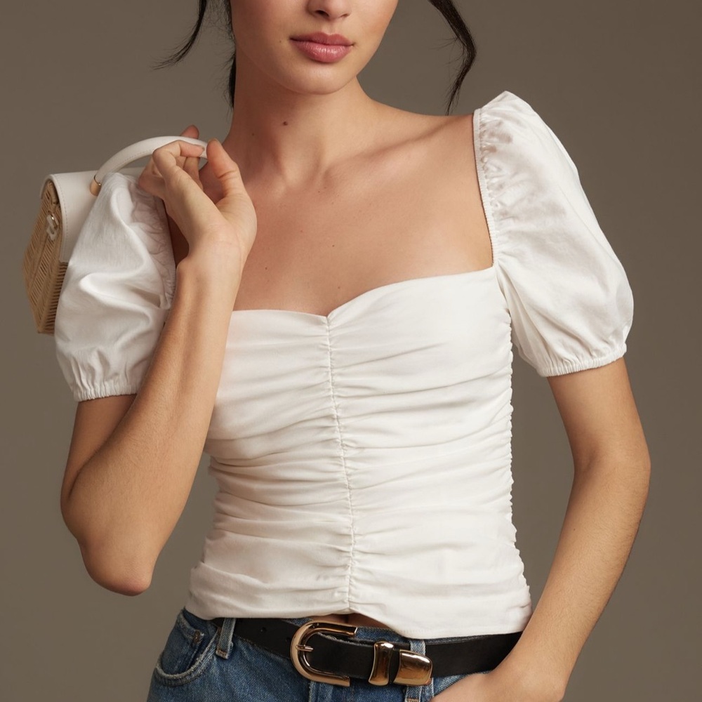 NWT Anthropologie Reformation Radish Ruched Square-Neck Puff Sleeve White Top 12
